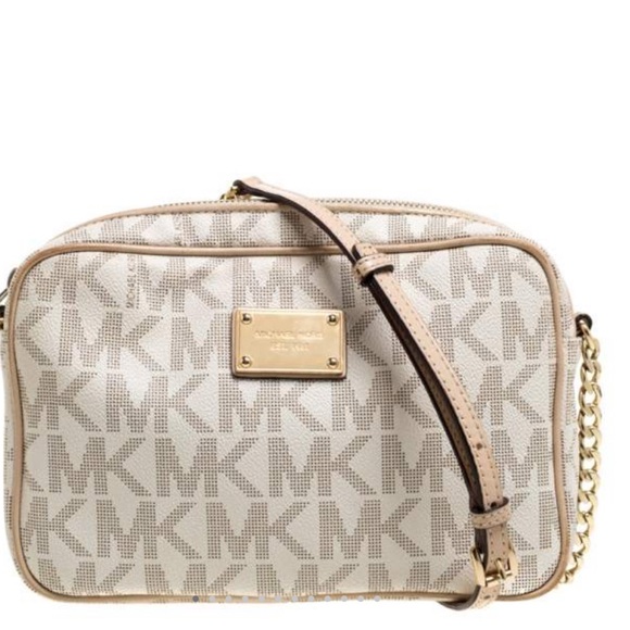 Michael Kors Handbags - Michael Kors White/Beige Signature Coated Canvas East/West Crossbody Bag